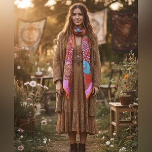 Silk Scarf 100% Square 42”X 42” Colorful Artsy Lagenlook Boho Hippie